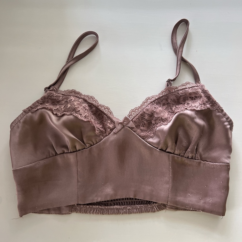 Elegant Lace Trim Satin Bralette - Brown